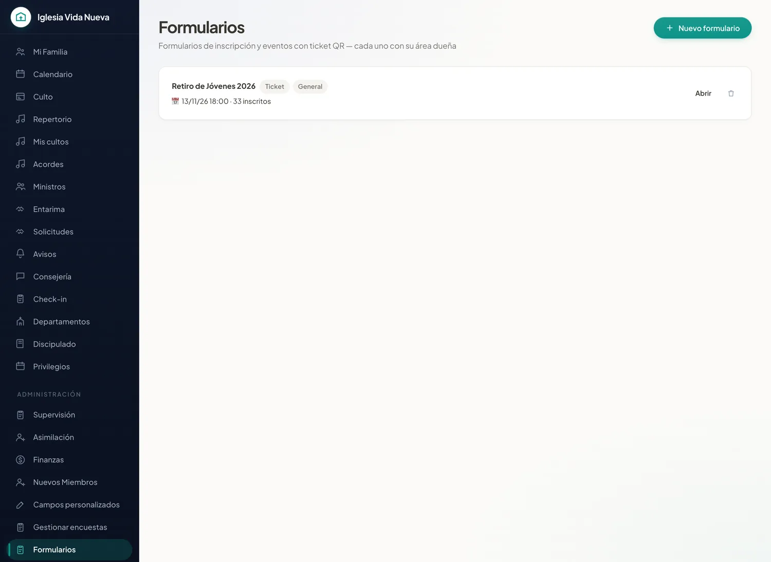 La pantalla de formularios: el listado de formularios de inscripción de la iglesia con sus inscritos.