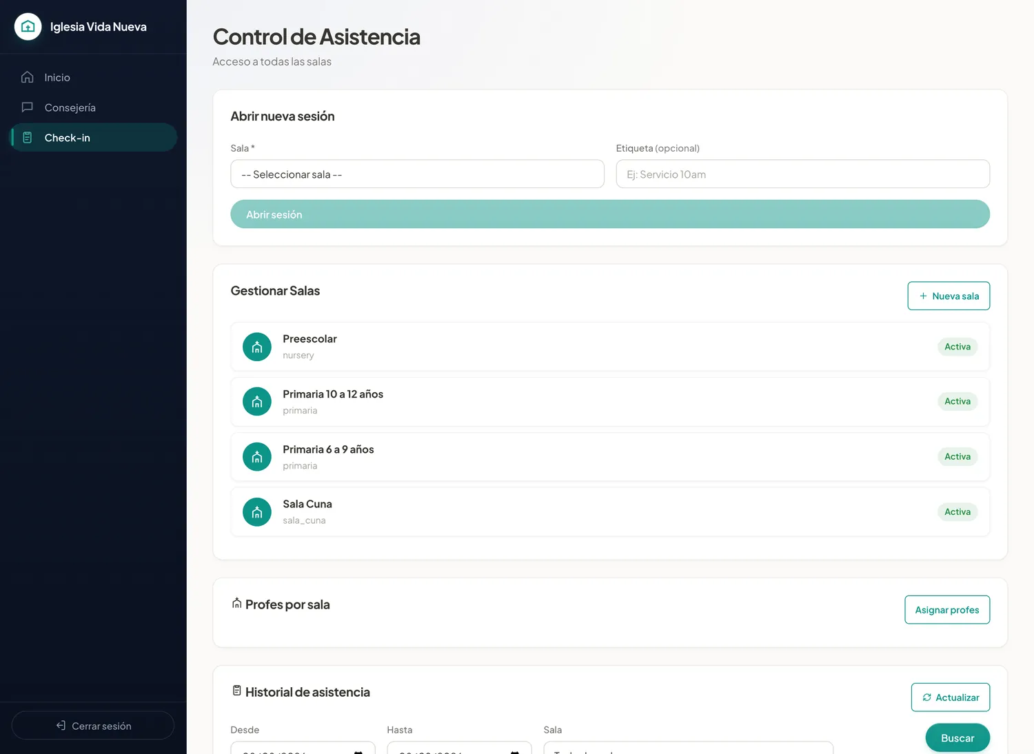 El control de asistencia: las salas del área de niños por rango de edad, cada una activa, y la apertura de sesión para empezar a marcar entradas.